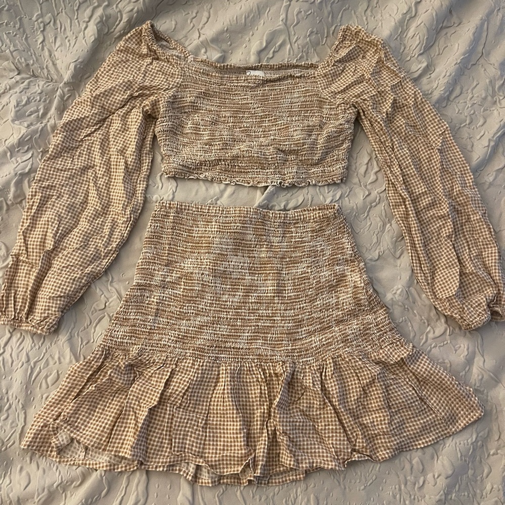 Tan Gingham Crop Top and Skirt Set